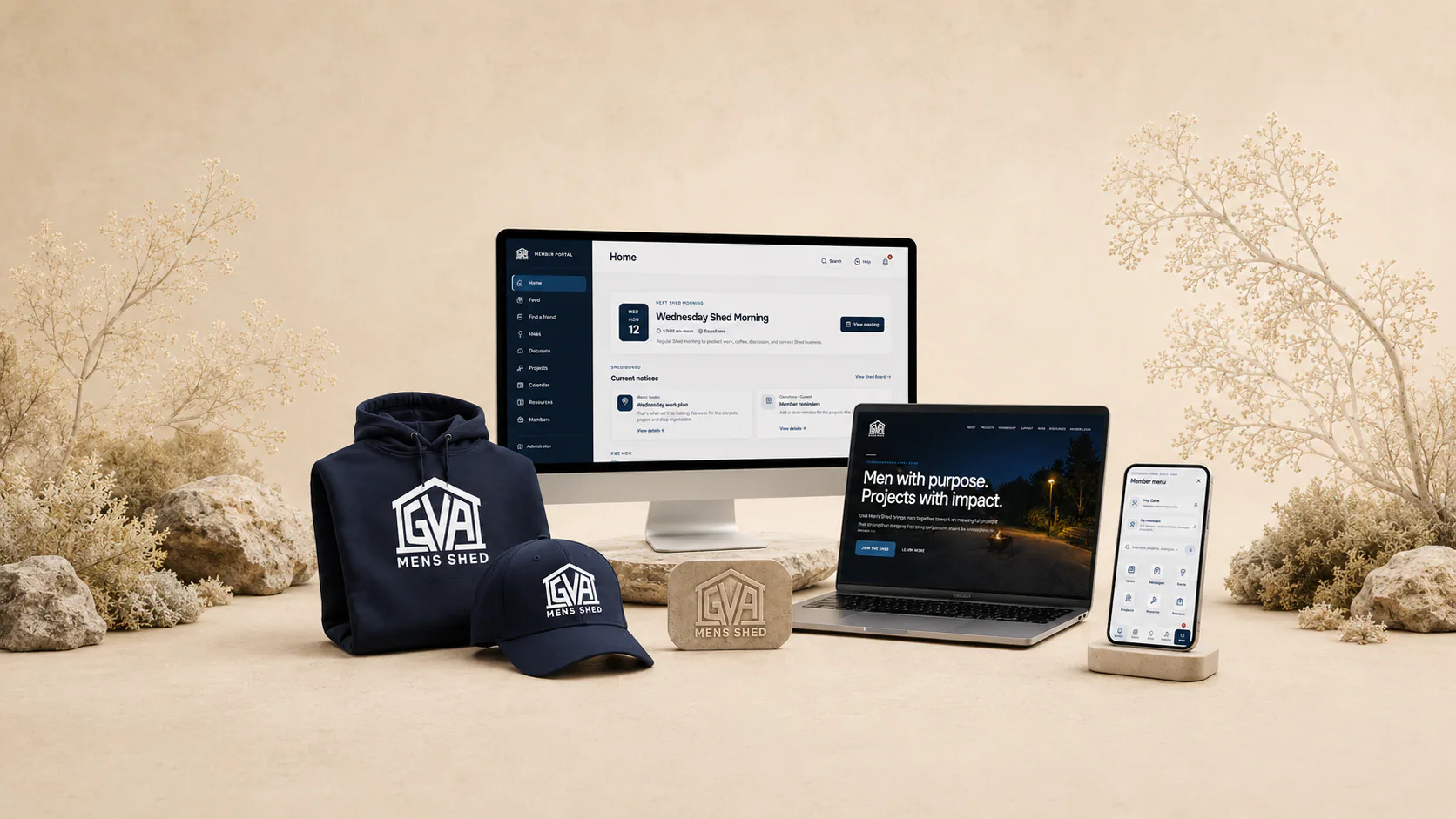 Visual overview of the Grandview Area Men's Shed branding, public website, member application, merchandise, and fundraising infrastructure.